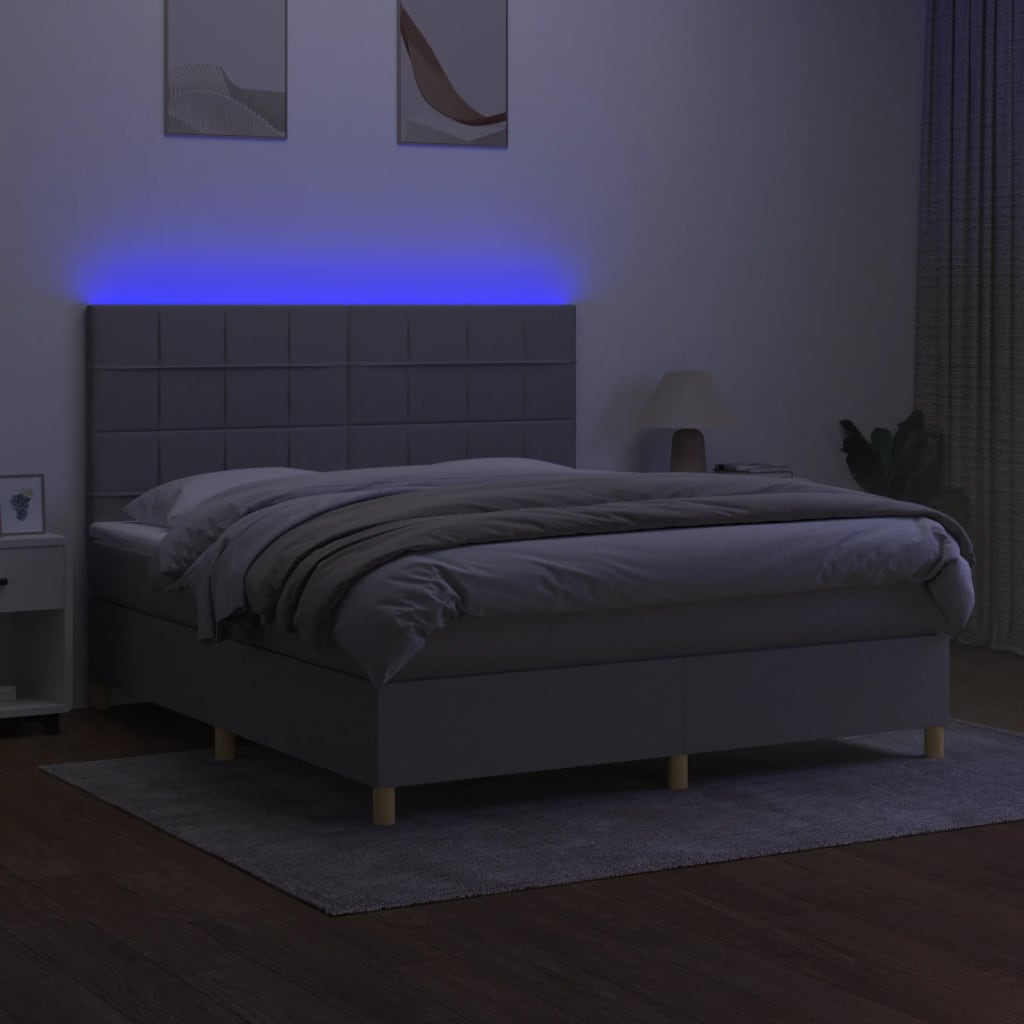 vidaXL Pat cu arcuri, saltea și LED, gri deschis, 180x200 cm, textil