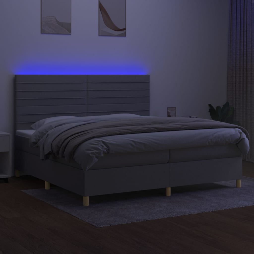 vidaXL Pat cu arcuri, saltea și LED, gri deschis, 200x200 cm, textil