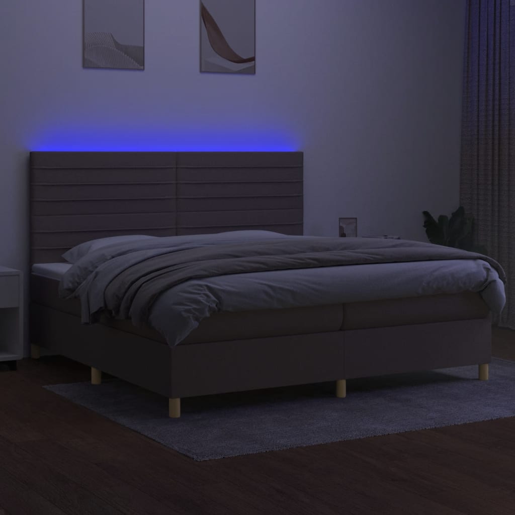 vidaXL Pat cu arcuri, saltea și LED, gri taupe, 200x200 cm, textil