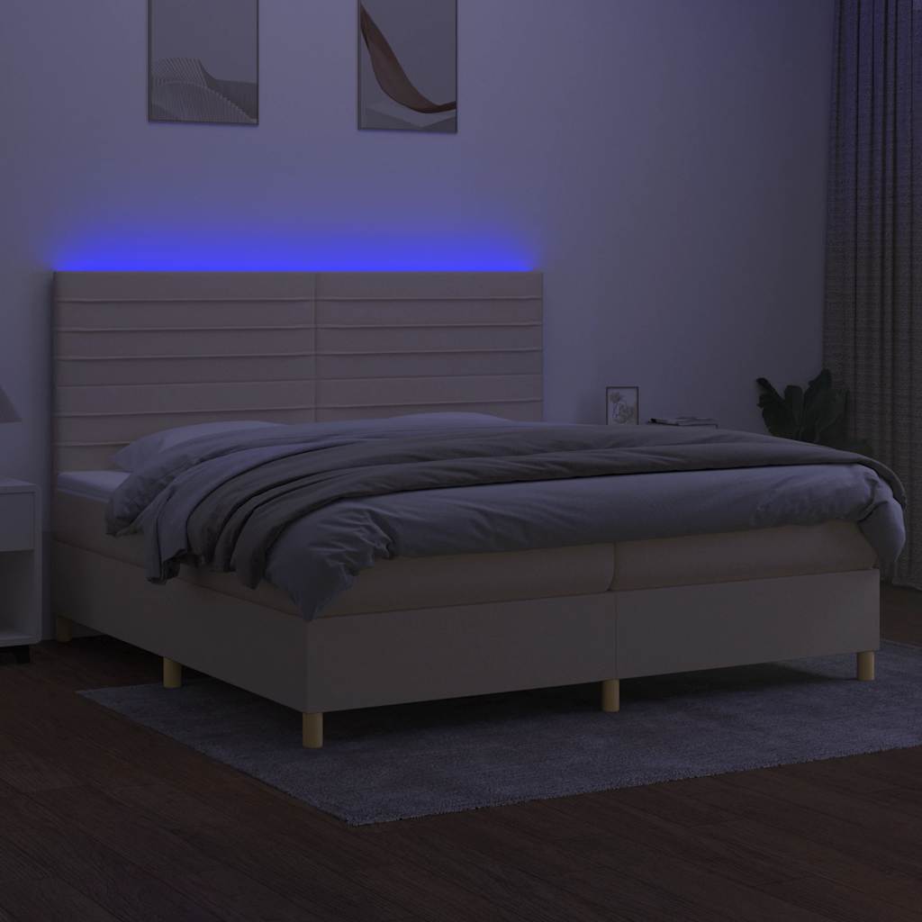vidaXL Pat cu arcuri, saltea și LED, crem, 200x200 cm, textil