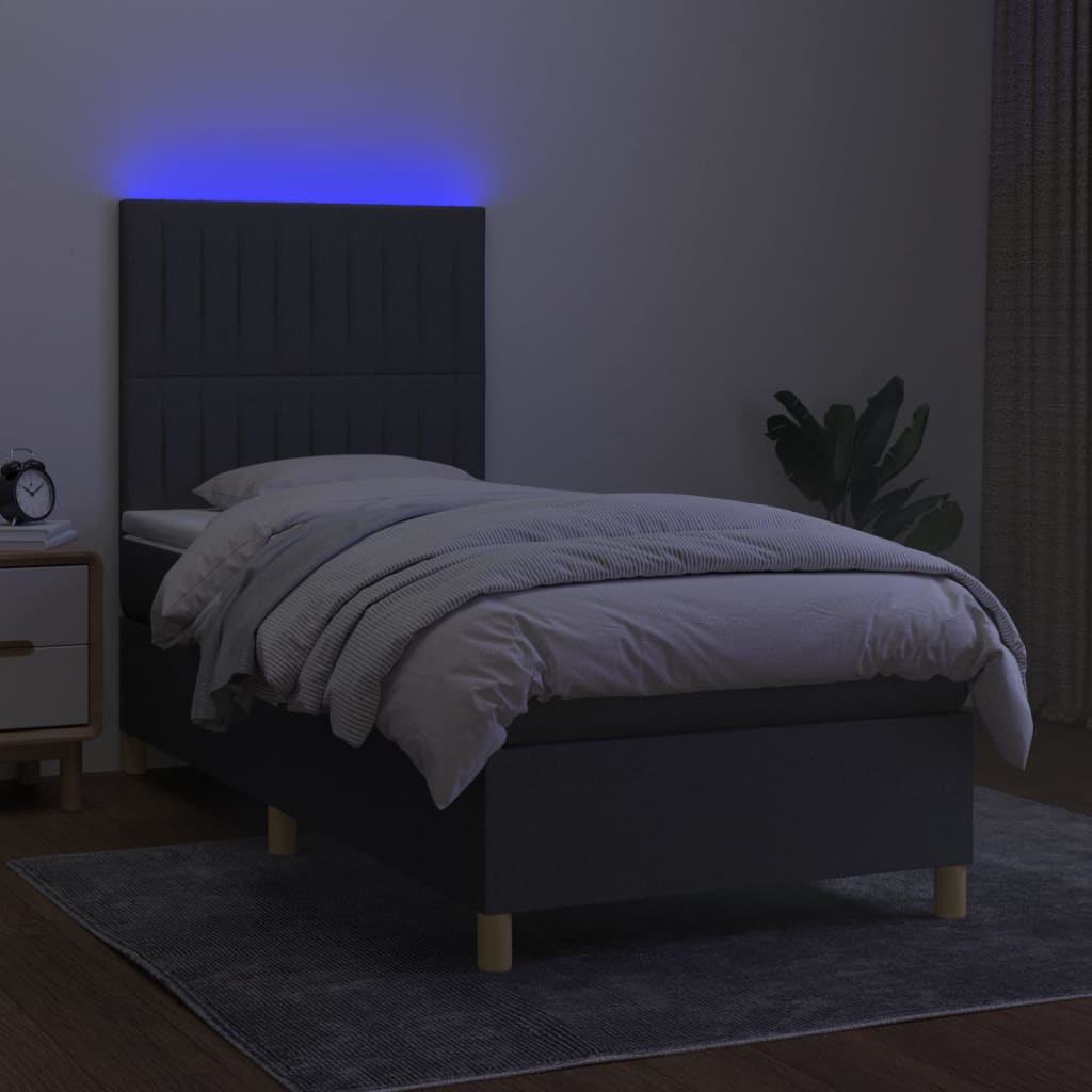 vidaXL Pat cu arcuri, saltea și LED, gri închis, 90x190 cm, textil