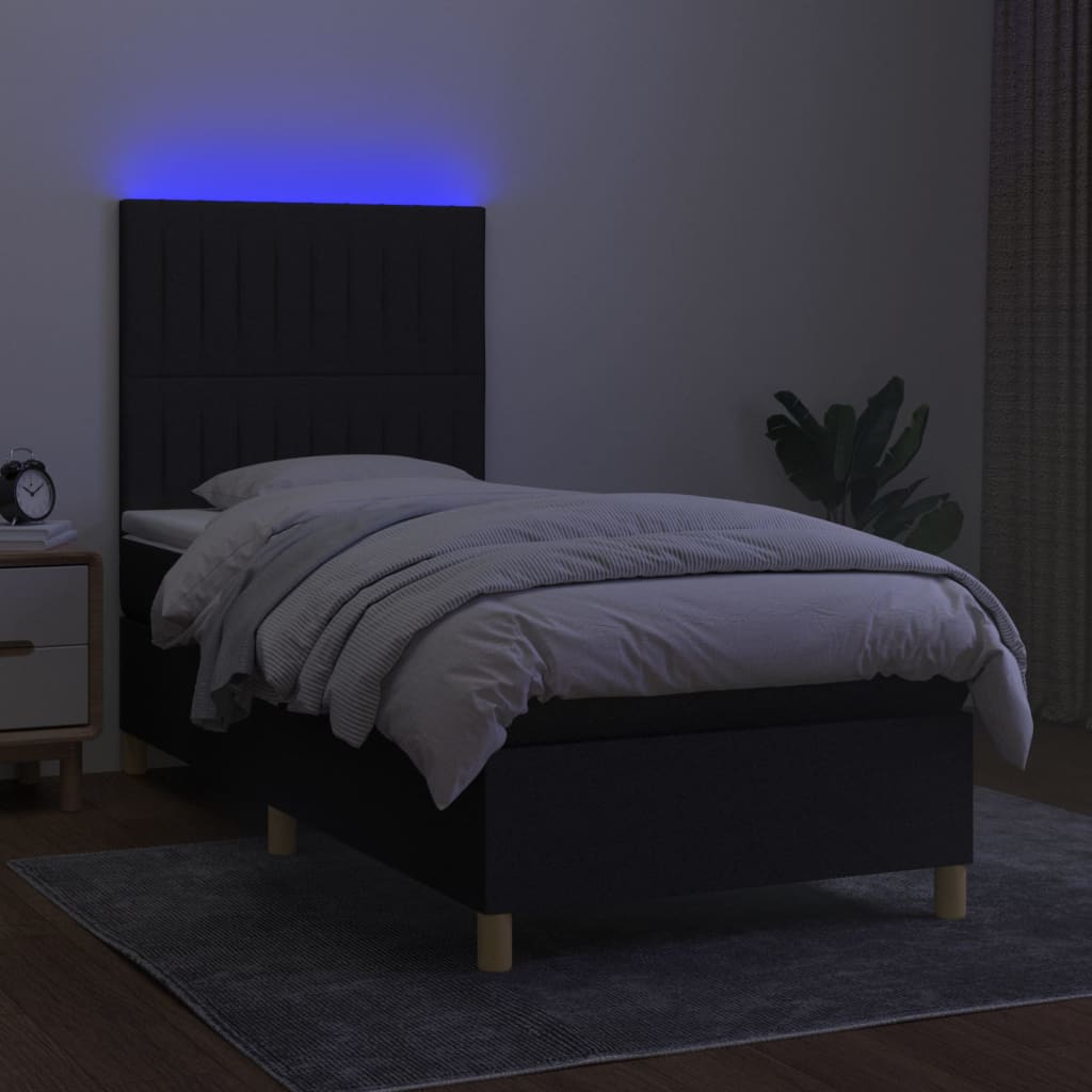 vidaXL Pat cu arcuri, saltea și LED, negru, 90x200 cm, textil