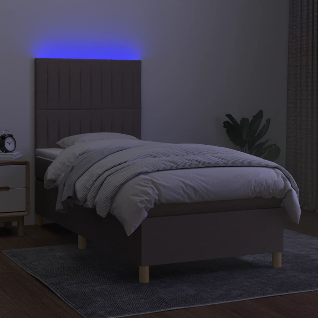 vidaXL Pat cu arcuri, saltea și LED, gri taupe, 90x200 cm, textil