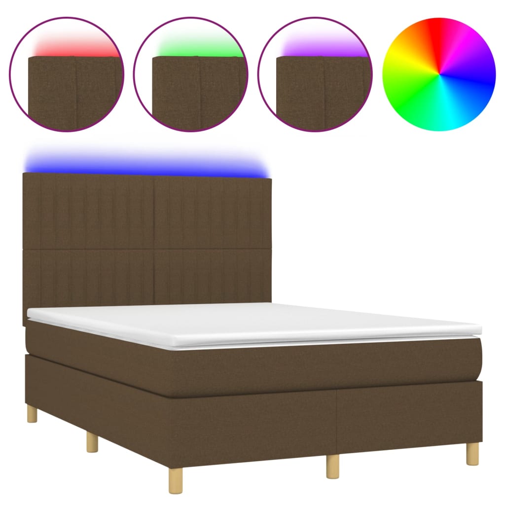 vidaXL Pat cu arcuri, saltea și LED, maro închis, 140x190 cm, textil vidaXL Pat cu arcuri, saltea și LED, maro închis, 140x190 cm, textil
