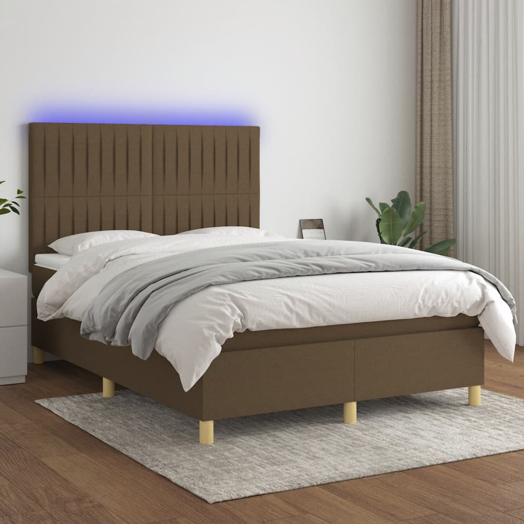 vidaXL Pat cu arcuri, saltea și LED, maro închis, 140x190 cm, textil vidaXL Pat cu arcuri, saltea și LED, maro închis, 140x190 cm, textil