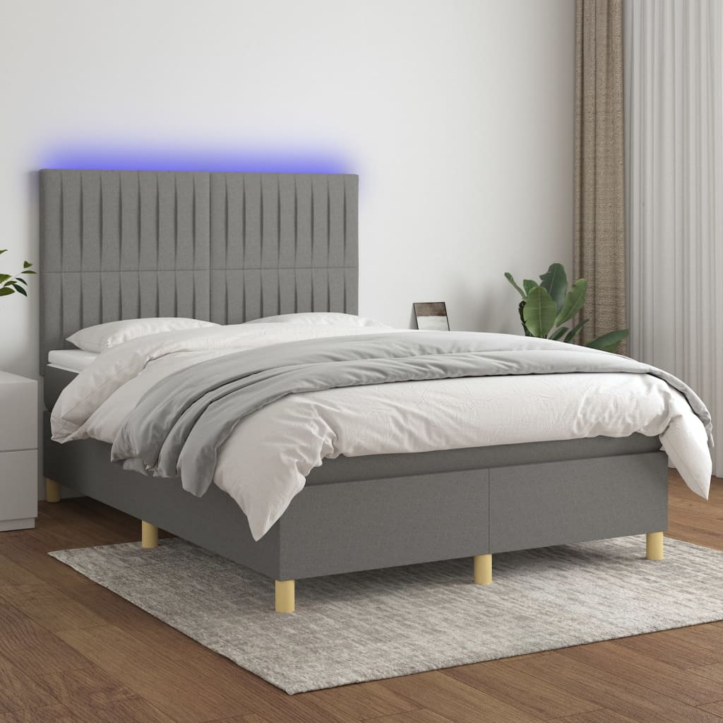 vidaXL Pat cu arcuri, saltea și LED, gri închis, 140x200 cm, textil vidaXL Pat cu arcuri, saltea și LED, gri închis, 140x200 cm, textil