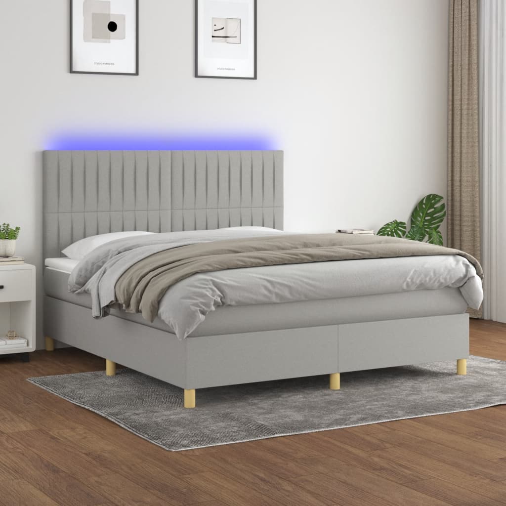 vidaXL Pat cu arcuri, saltea și LED, gri deschis, 180x200 cm, textil