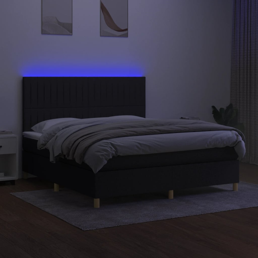 vidaXL Pat cu arcuri, saltea și LED, negru, 180x200 cm, textil vidaXL Pat cu arcuri, saltea și LED, negru, 180x200 cm, textil