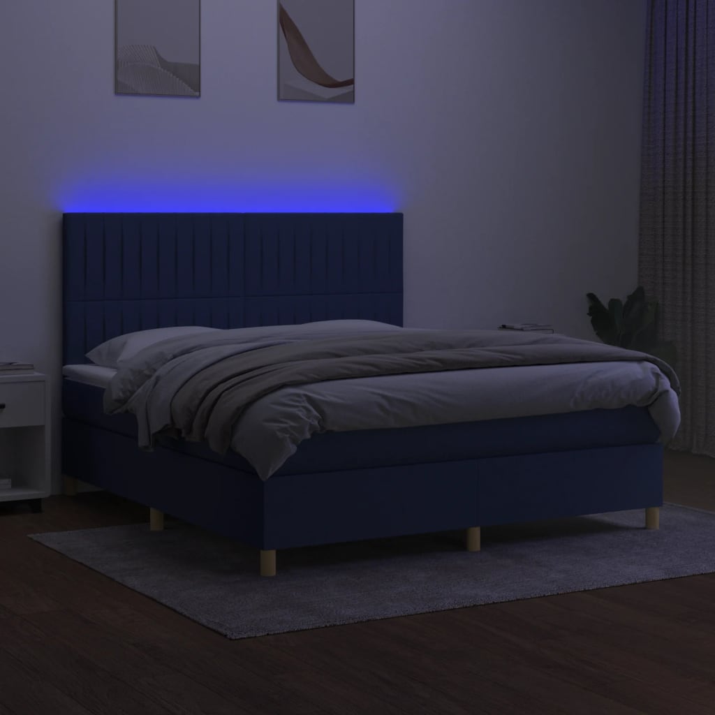 vidaXL Pat cu arcuri, saltea și LED, albastru, 180x200 cm, textil