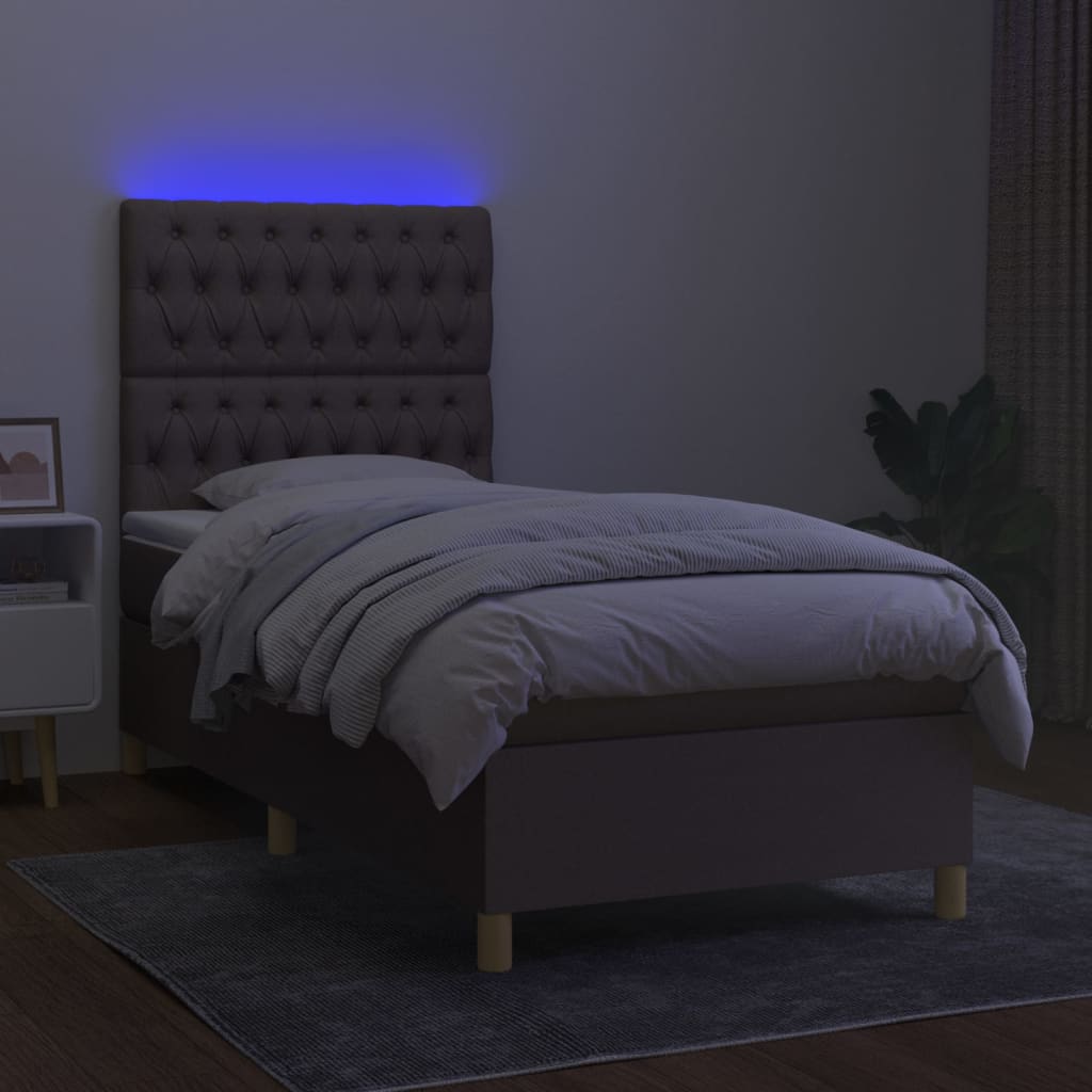 vidaXL Pat cu arcuri, saltea și LED, gri taupe, 90x190 cm, textil