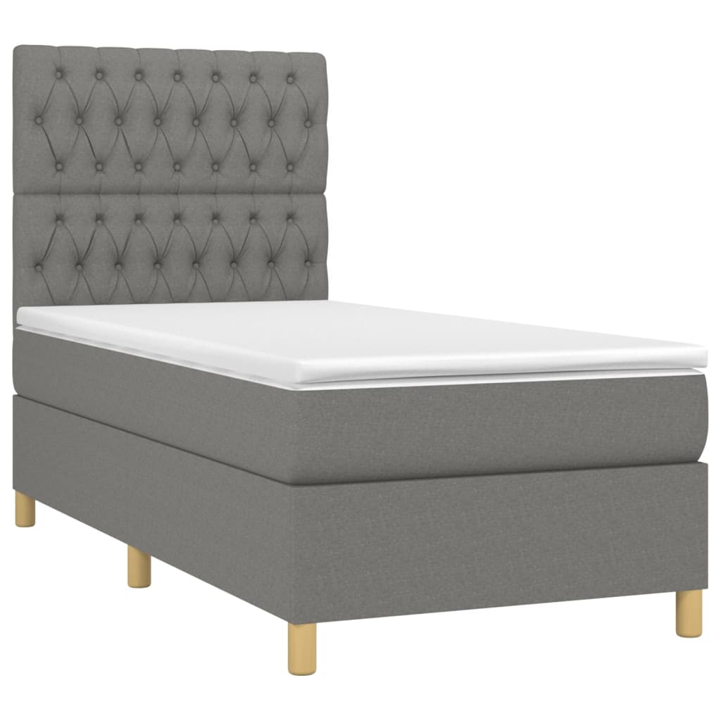 vidaXL Pat cu arcuri, saltea și LED, gri închis, 90x200 cm, textil