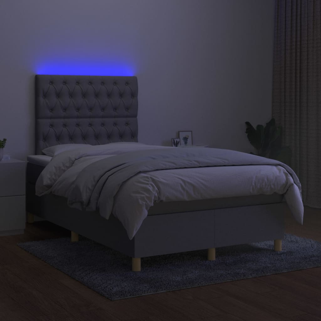 vidaXL Pat cu arcuri, saltea și LED, gri deschis, 120x200 cm, textil