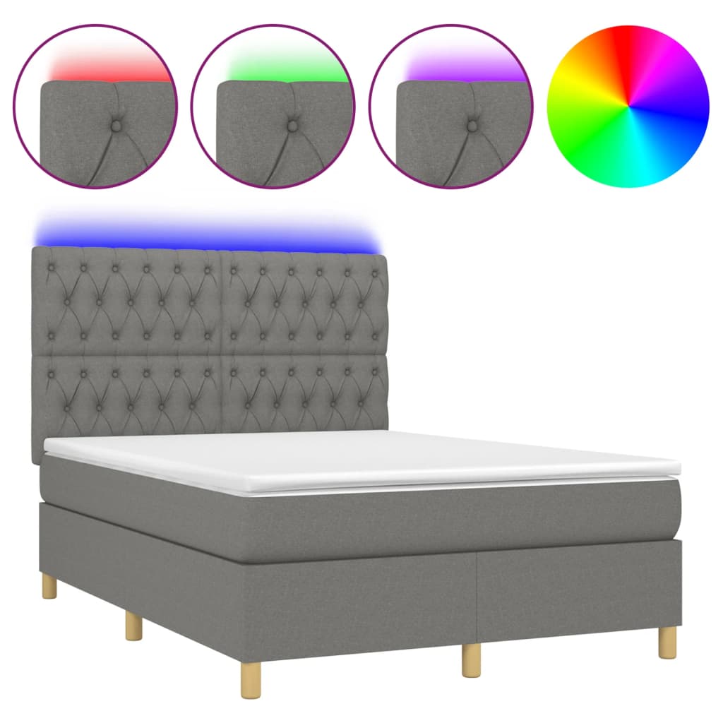 vidaXL Pat cu arcuri, saltea și LED, gri închis, 140x190 cm, textil