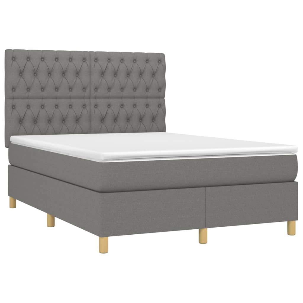 vidaXL Pat cu arcuri, saltea și LED, gri închis, 140x190 cm, textil