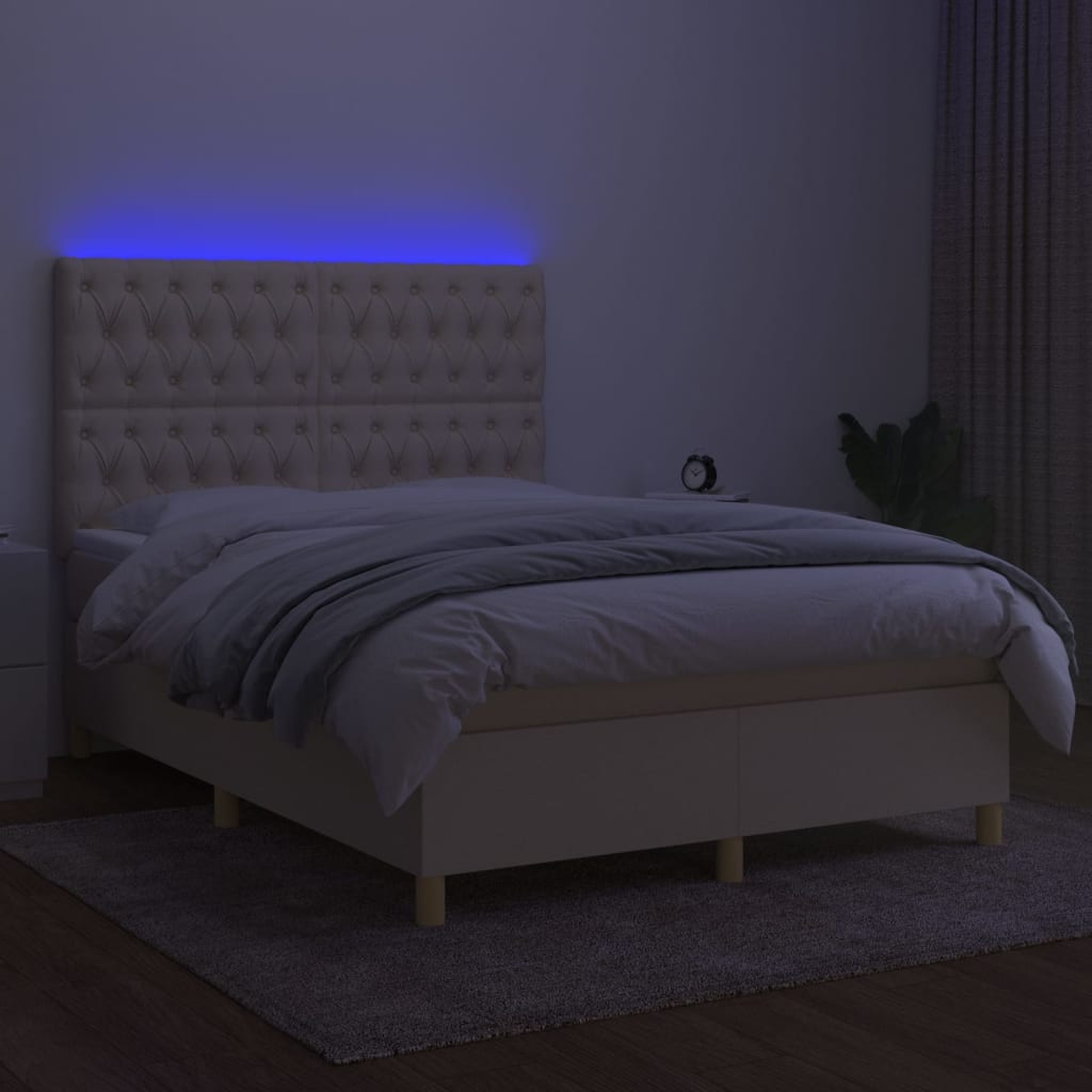 vidaXL Pat cu arcuri, saltea și LED, crem, 140x200 cm, textil