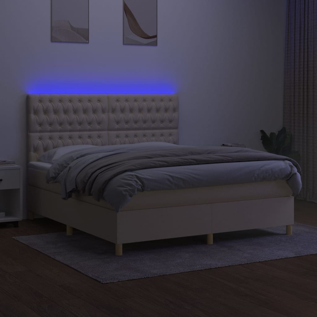 vidaXL Pat cu arcuri, saltea și LED, crem, 160x200 cm, textil