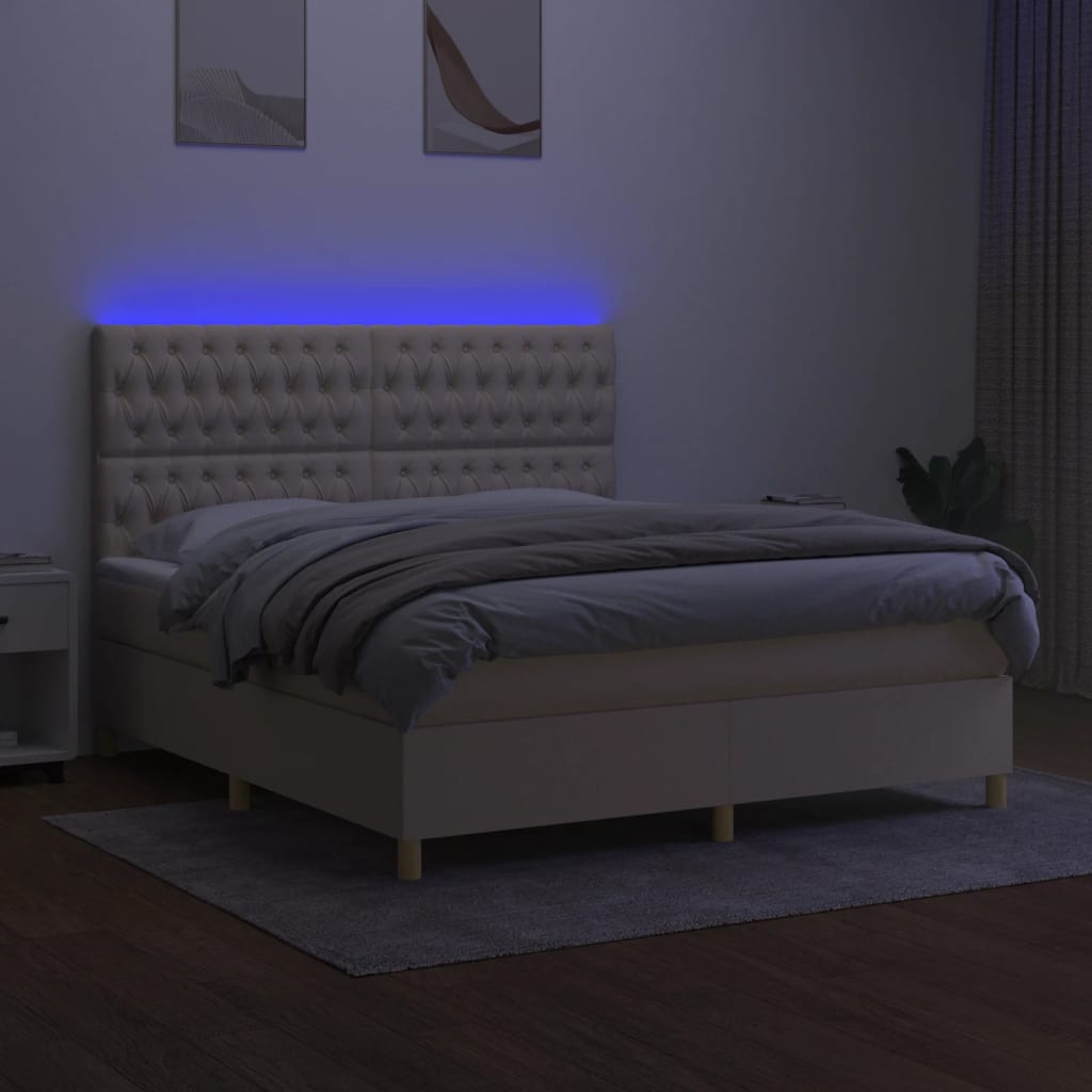 vidaXL Pat cu arcuri, saltea și LED, crem, 180x200 cm, textil
