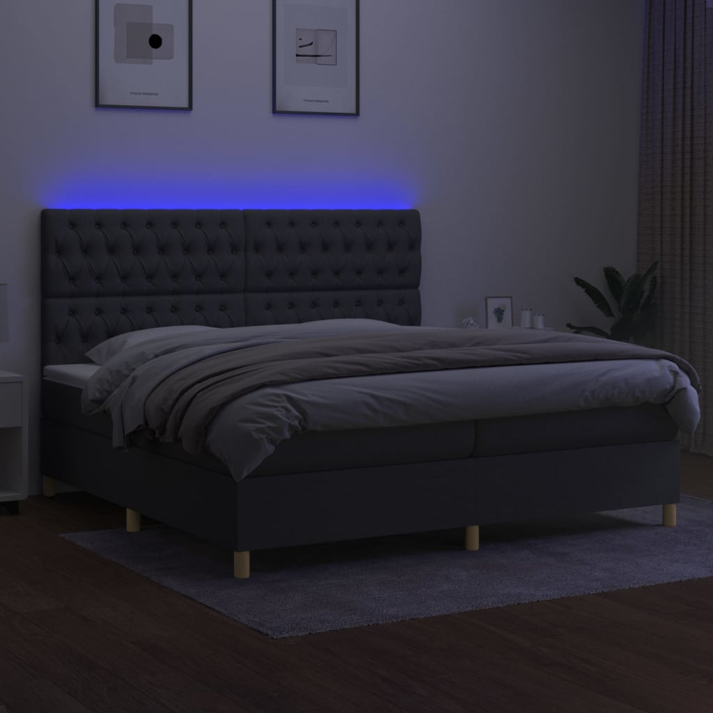 vidaXL Pat cu arcuri, saltea și LED, gri închis, 200x200 cm, textil