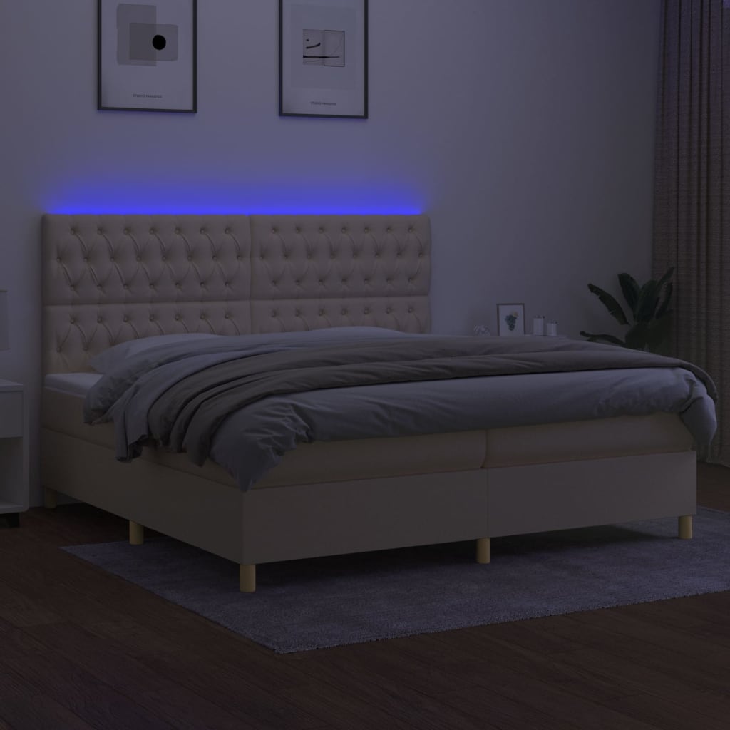 vidaXL Pat cu arcuri, saltea și LED, crem, 200x200 cm, textil