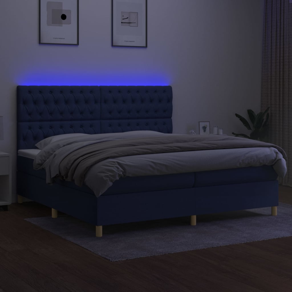 vidaXL Pat cu arcuri, saltea și LED, albastru, 200x200 cm, textil