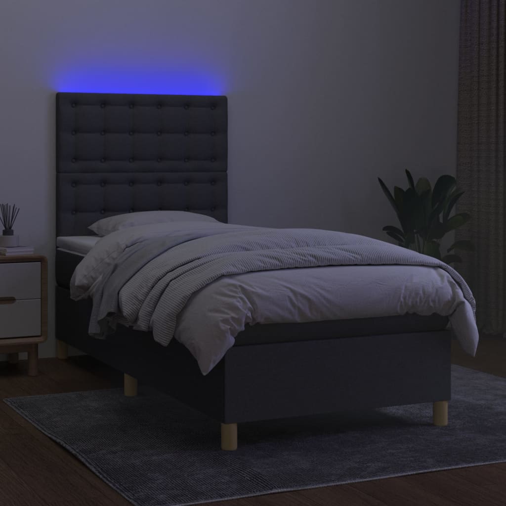 vidaXL Pat cu arcuri, saltea și LED, gri închis, 90x190 cm, textil