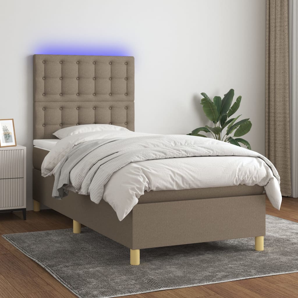 vidaXL Pat cu arcuri, saltea și LED, gri taupe, 90x190 cm, textil