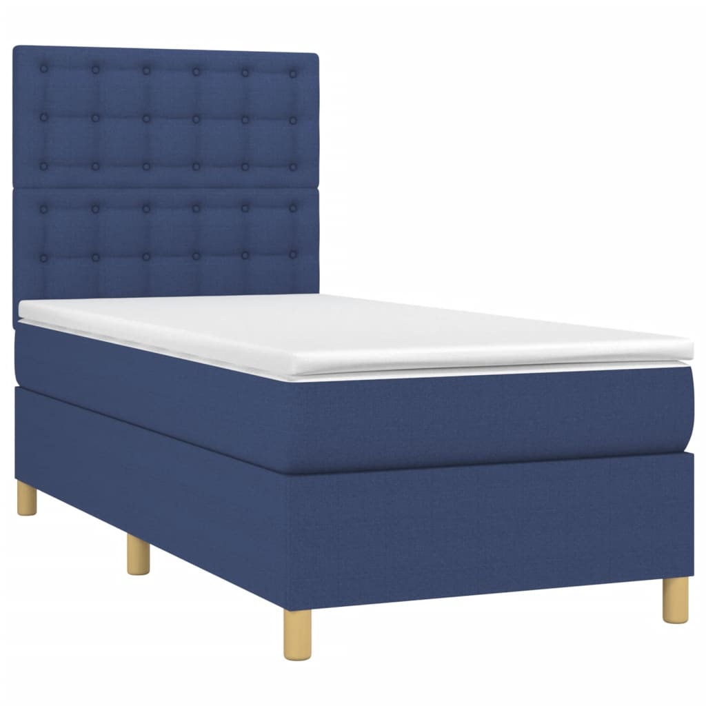 vidaXL Pat cu arcuri, saltea și LED, albastru, 90x190 cm, textil