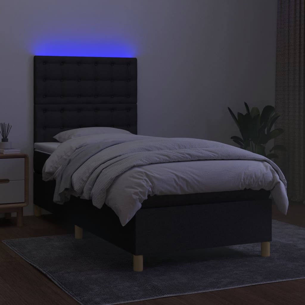vidaXL Pat cu arcuri, saltea și LED, negru, 90x200 cm, textil