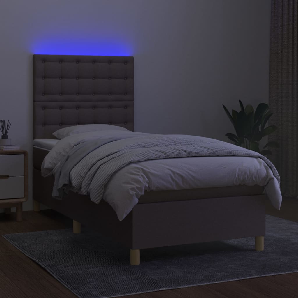 vidaXL Pat cu arcuri, saltea și LED, gri taupe, 90x200 cm, textil