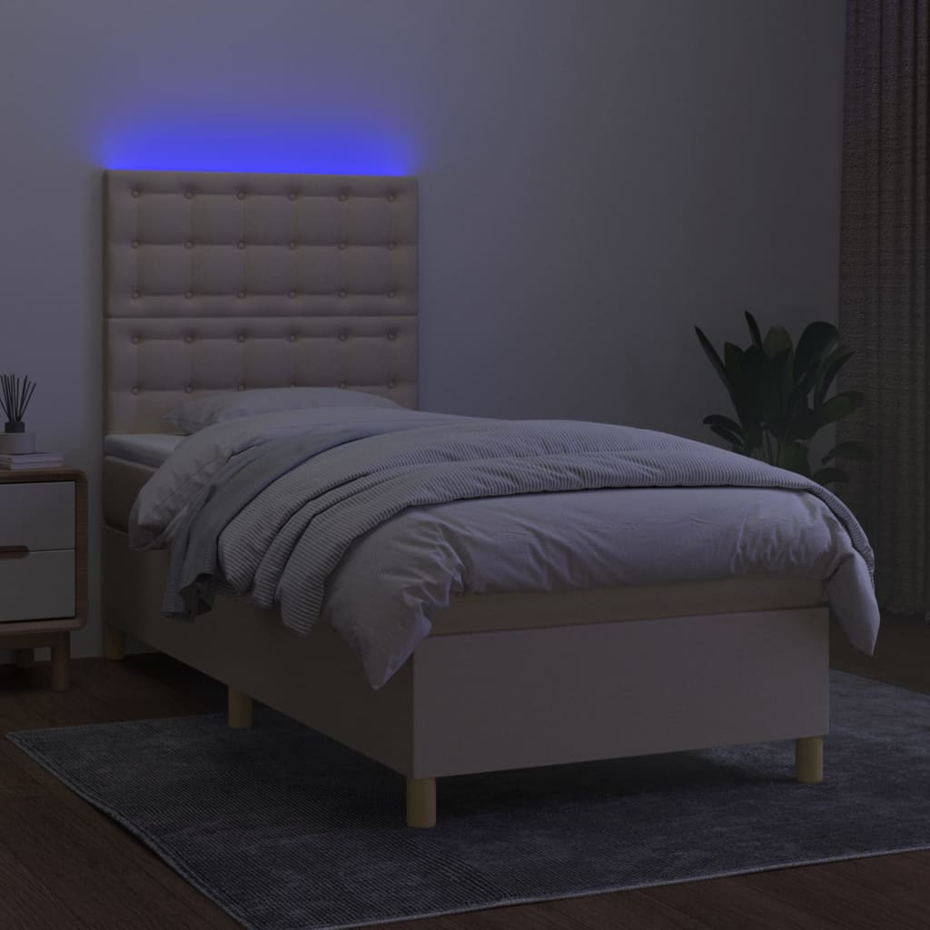 vidaXL Pat cu arcuri, saltea și LED, crem, 90x200 cm, textil vidaXL Pat cu arcuri, saltea și LED, crem, 90x200 cm, textil