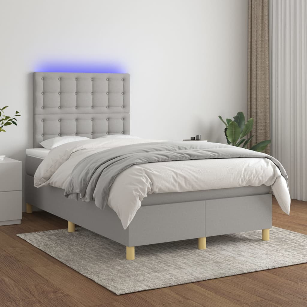 vidaXL Pat cu arcuri, saltea și LED, gri deschis, 120x200 cm, textil