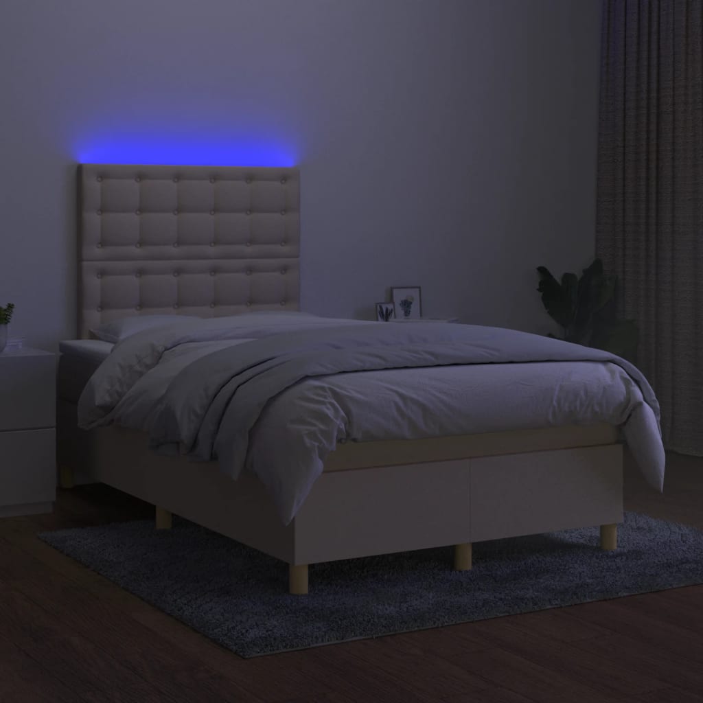 vidaXL Pat cu arcuri, saltea și LED, crem, 120x200 cm, textil