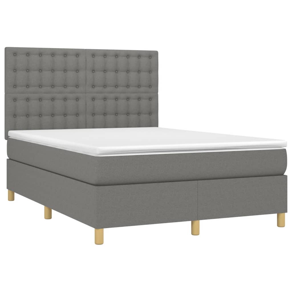 vidaXL Pat cu arcuri, saltea și LED, gri închis, 140x190 cm, textil