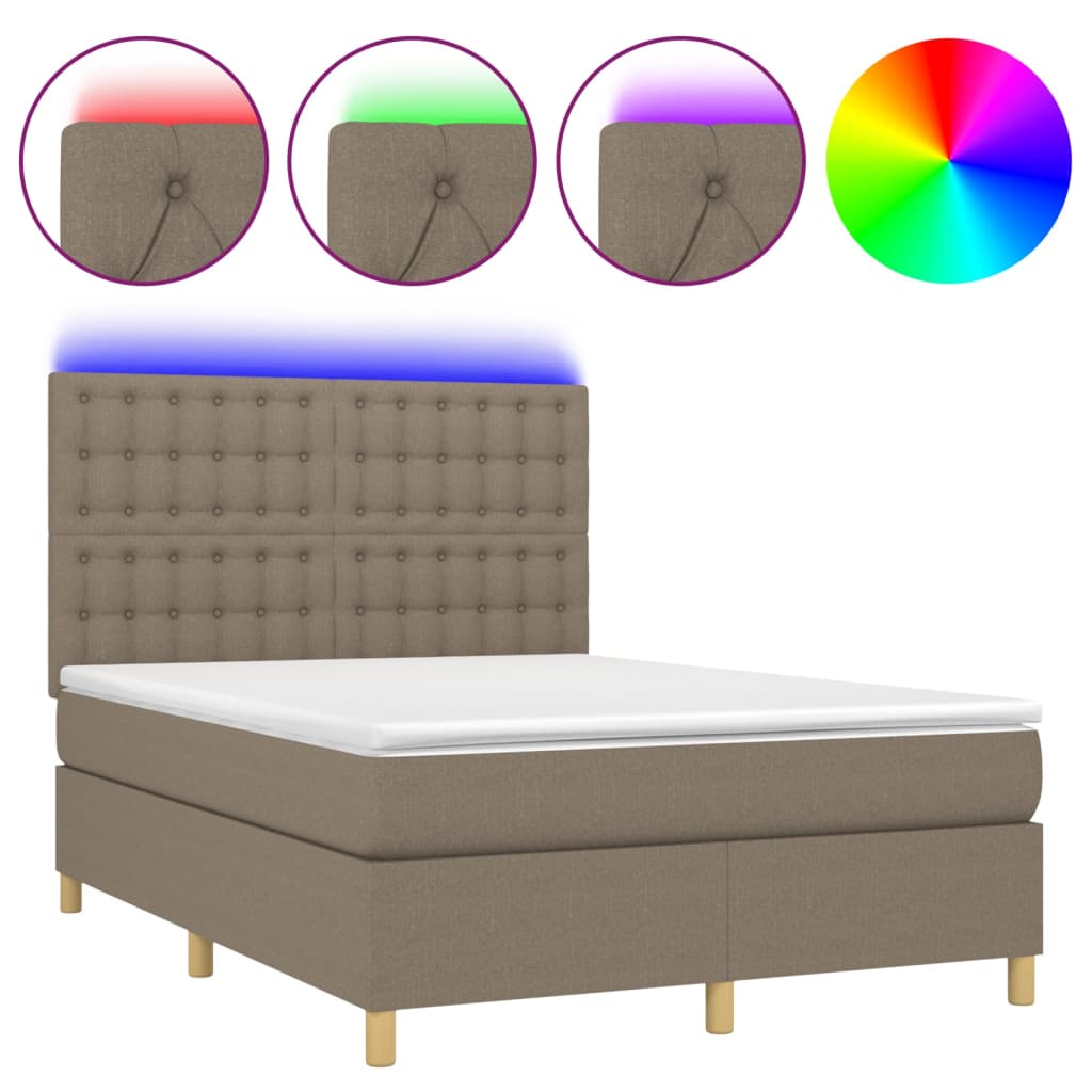 vidaXL Pat cu arcuri, saltea și LED, gri taupe, 140x190 cm, textil vidaXL Pat cu arcuri, saltea și LED, gri taupe, 140x190 cm, textil