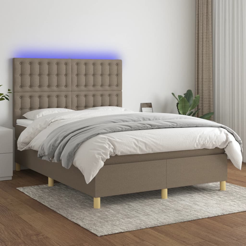 vidaXL Pat cu arcuri, saltea și LED, gri taupe, 140x190 cm, textil vidaXL Pat cu arcuri, saltea și LED, gri taupe, 140x190 cm, textil