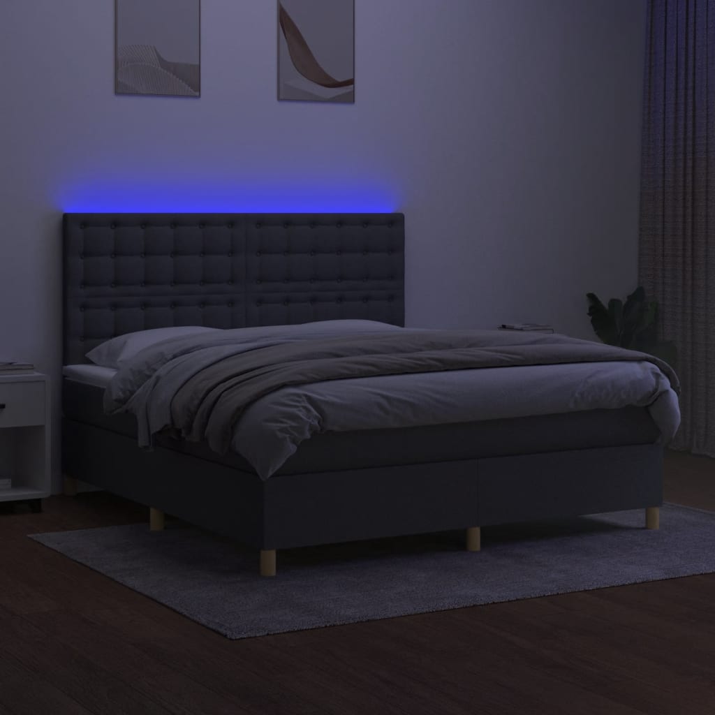 vidaXL Pat cu arcuri, saltea și LED, gri închis, 180x200 cm, textil