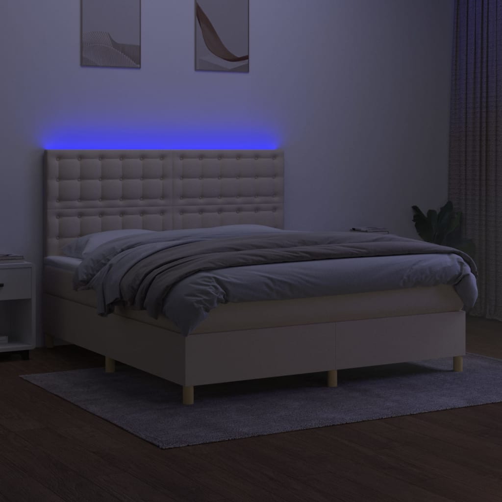 vidaXL Pat cu arcuri, saltea și LED, crem, 180x200 cm, textil