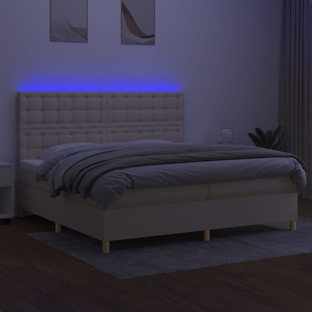 vidaXL Pat cu arcuri, saltea și LED, crem, 200x200 cm, textil