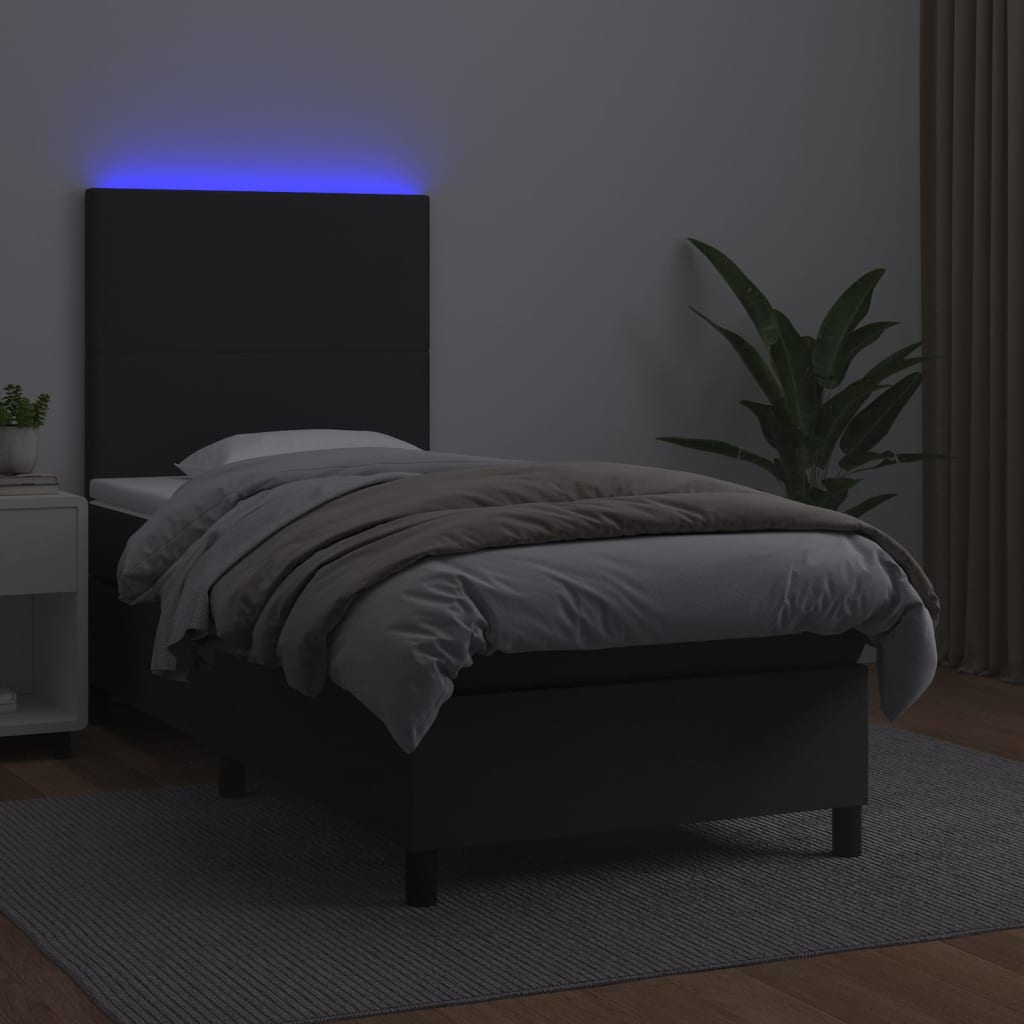 vidaXL Pat cu arcuri, saltea și LED, negru, 90x200 cm, piele ecologică