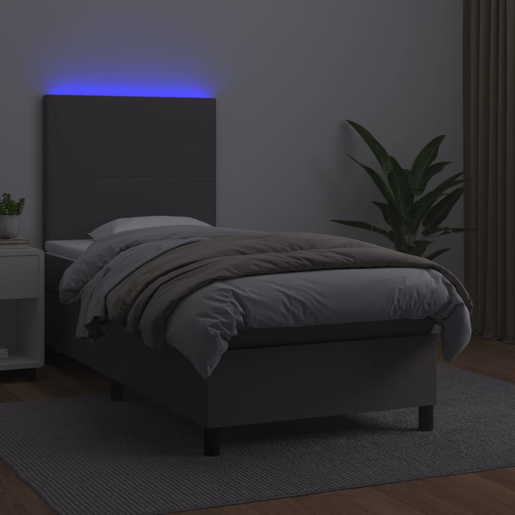 vidaXL Pat cu arcuri, saltea și LED, gri, 90x200 cm, piele ecologică