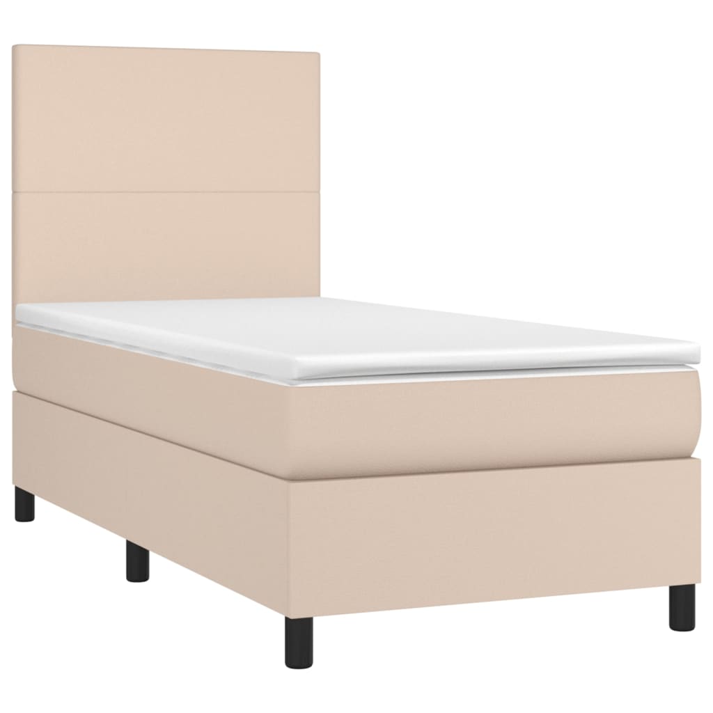 vidaXL Pat cu arcuri, cu saltea și LED, cappuccino 90x200 cm piele eco