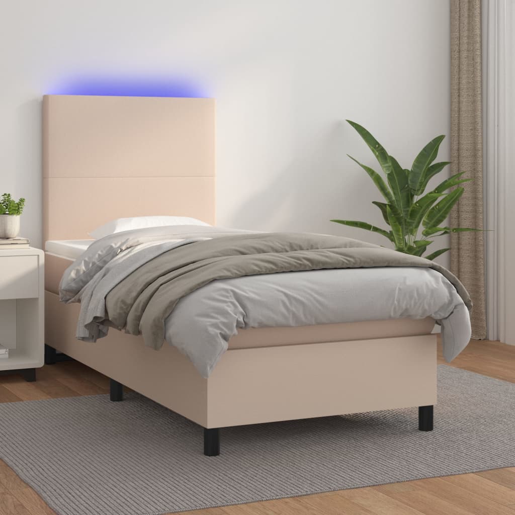 vidaXL Pat cu arcuri, cu saltea și LED cappuccino 100x200 cm piele eco vidaXL Pat cu arcuri, cu saltea și LED cappuccino 100x200 cm piele eco