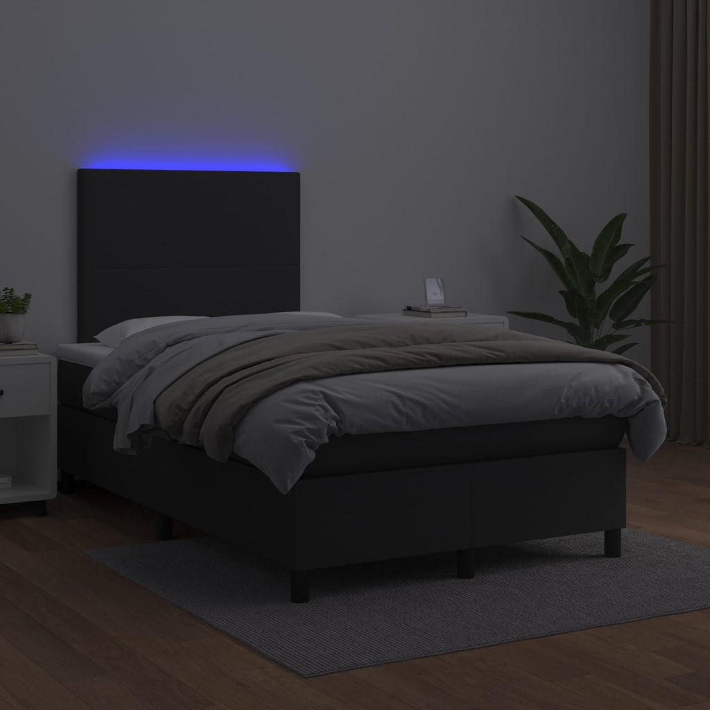 vidaXL Pat cu arcuri, saltea și LED, negru, 120x200cm, piele ecologică