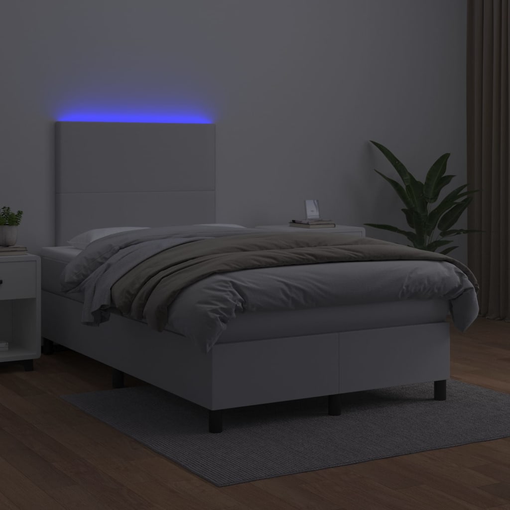 vidaXL Pat cu arcuri, saltea și LED, alb, 120x200 cm, piele ecologică