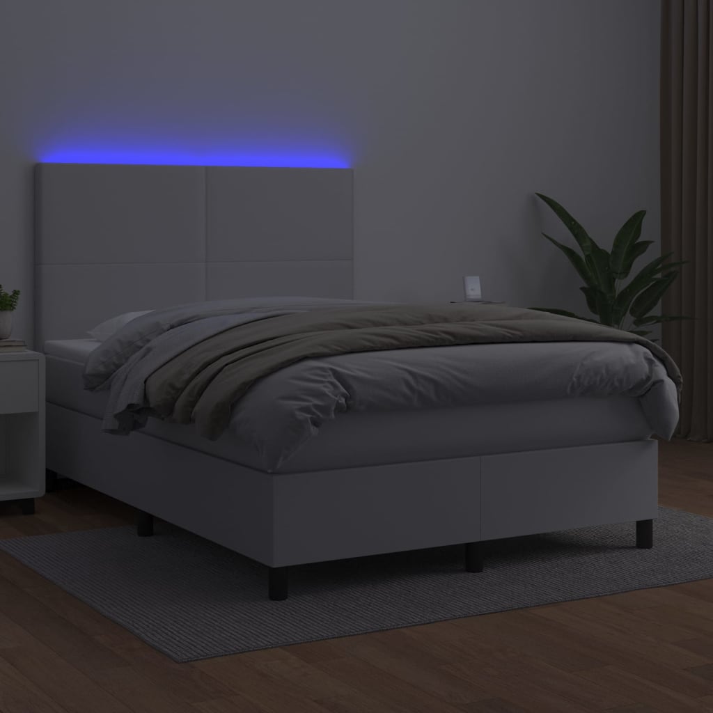 vidaXL Pat cu arcuri, cu saltea & LED, alb, 140x190 cm, piele eco vidaXL Pat cu arcuri, cu saltea & LED, alb, 140x190 cm, piele eco