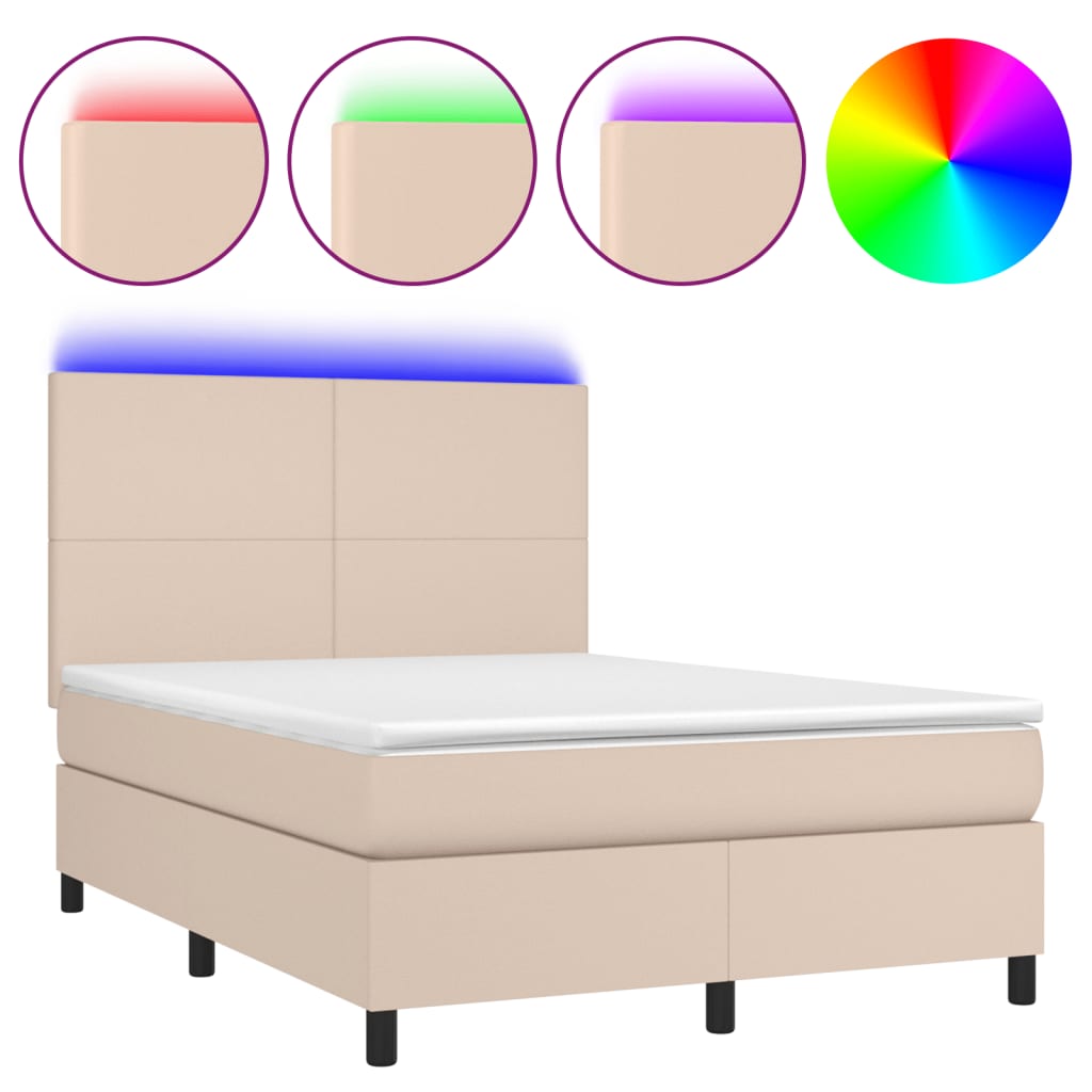 vidaXL Pat cu arcuri, cu saltea și LED cappuccino 140x190 cm piele eco vidaXL Pat cu arcuri, cu saltea și LED cappuccino 140x190 cm piele eco
