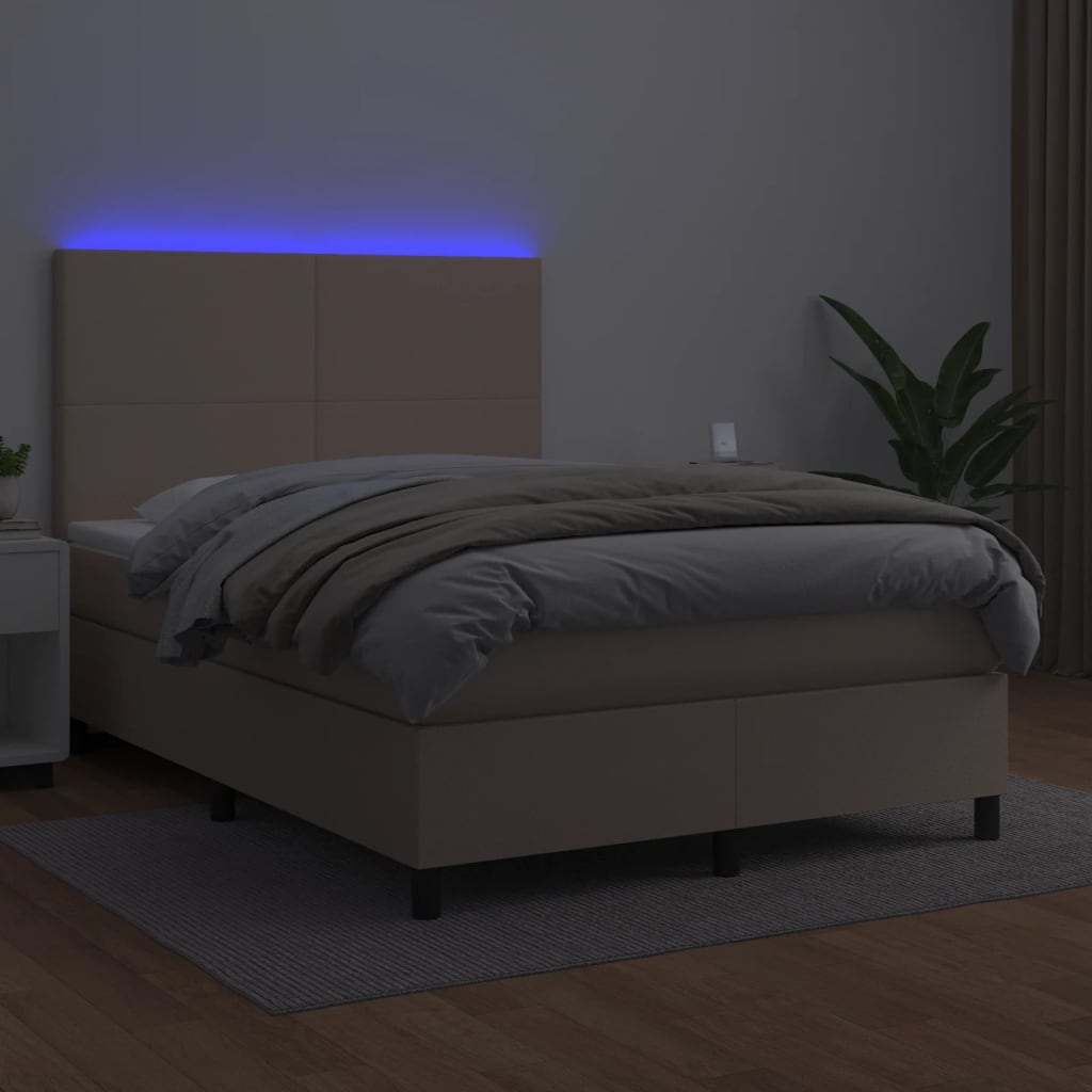 vidaXL Pat cu arcuri, cu saltea și LED cappuccino 140x190 cm piele eco vidaXL Pat cu arcuri, cu saltea și LED cappuccino 140x190 cm piele eco