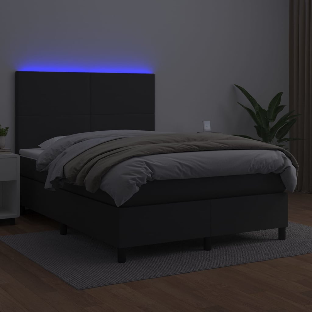 vidaXL Pat cu arcuri, saltea și LED, negru, 140x200 cm, piele eco