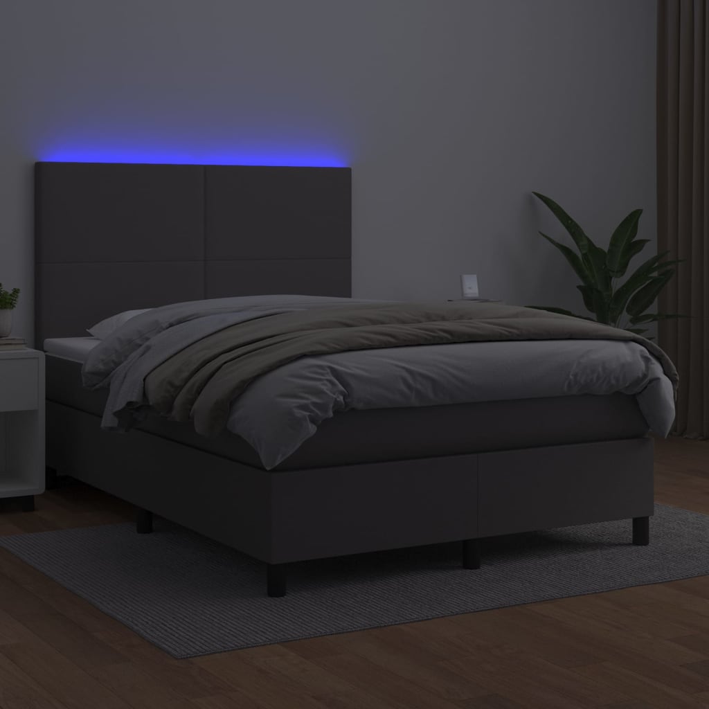 vidaXL Pat cu arcuri, saltea și LED, gri, 140x200 cm, piele eco