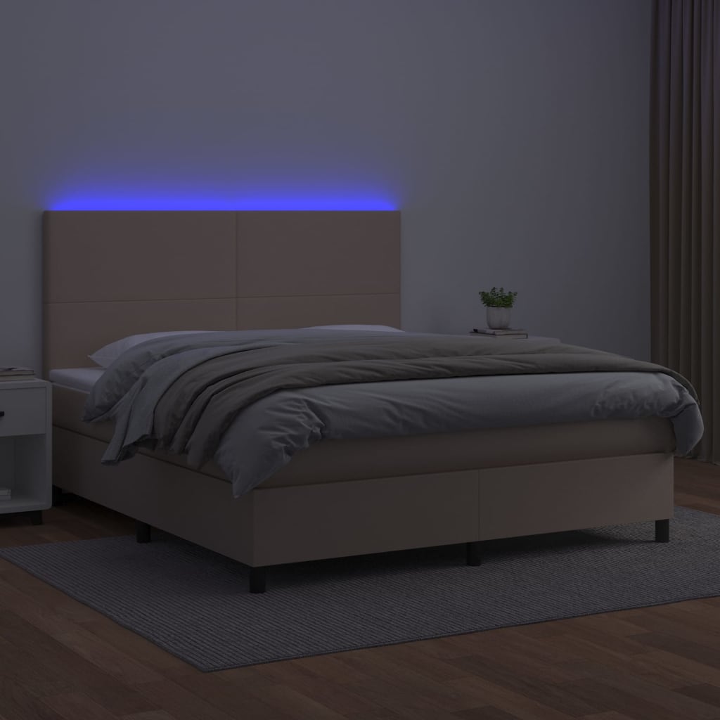 vidaXL Pat cu arcuri, cu saltea și LED, cappuccino 160x200cm piele eco vidaXL Pat cu arcuri, cu saltea și LED, cappuccino 160x200cm piele eco
